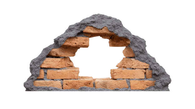 buco nel mattone parete con ruvido bordi rivela aspro struttura, la creazione di intrigante visivo contrasto. esposto mattoni e circostante cemento Inserisci elemento di rustico fascino png