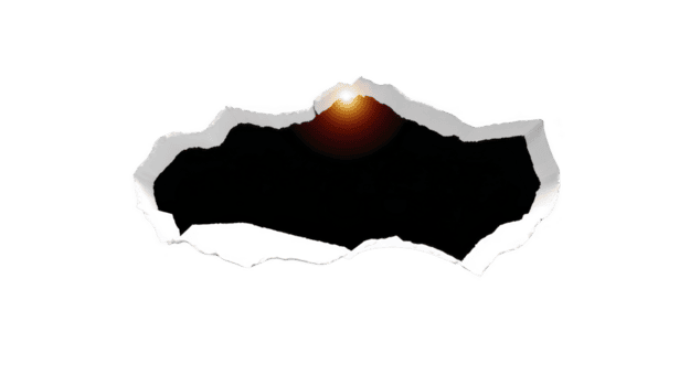 Torn paper hole with glowing light effect creates dramatic and mysterious visual. contrast between transparency background and bright light adds depth and intrigue png