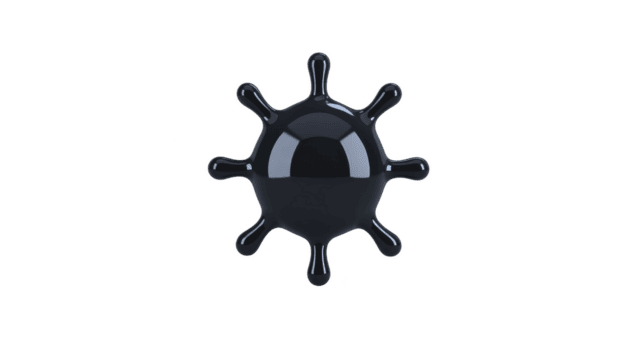 brillante nero astratto forma somigliante virus o batterio con multiplo sporgenze, impostato contro pianura sfondo. lucido superficie riflette luce, la creazione di moderno e elegante aspetto png