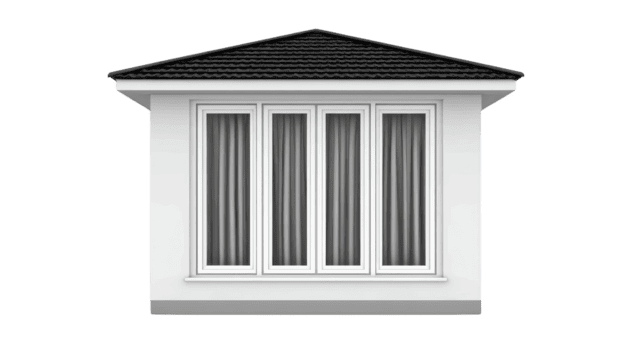 Modern bay window with four vertical panels and white frames is set against plain white wall. window features sheer curtains, allowing soft light to filter through, creating cozy atmosphere png