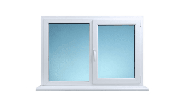 vit inramade dubbel- Ruta fönster med klar blå himmel synlig genom glas, skapande lugn och fredlig atmosfär. fönster funktioner modern design med hantera för lätt öppning png