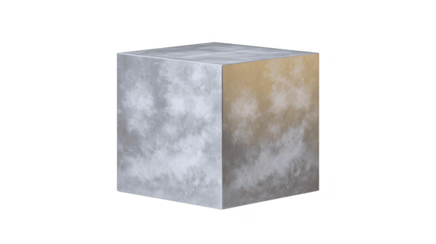 Metallic cube with textured surface, displaying gradient from silver to gold, stands against plain background. cube reflective quality adds modern and industrial feel png
