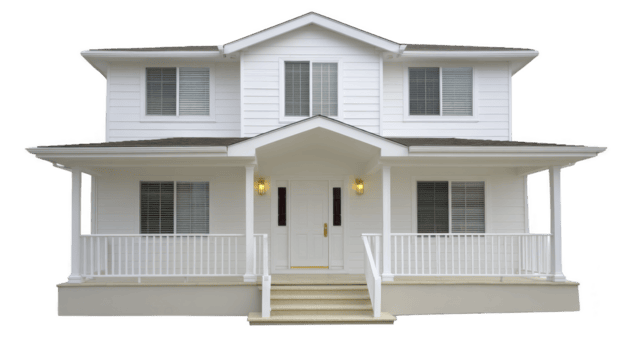 Charming two story white house with symmetrical design features covered front porch, white railings, and multiple windows, creating welcoming and classic appearance png