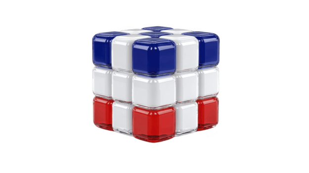 3d pussel kub med glansig Avsluta funktioner röd, vit, och blå färger, liknar flagga mönster. kub reflekterande yta lägger till modern och elegant utseende png