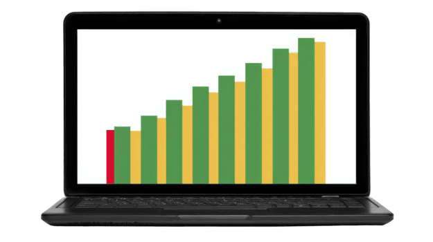 Laptop displaying colorful bar graph with increasing values, featuring red, yellow, and green bars, symbolizes growth and progress png
