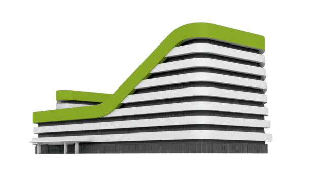 modern arkitektonisk byggnad funktioner elegant, trogen design med skiktad vit och grön element, skapande dynamisk och innovativ utseende. strukturera unik kurvor och rader framföra känsla png