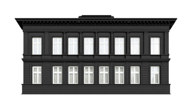 classico nero edificio facciata con multiplo finestre, in mostra simmetrico architettonico design. struttura Caratteristiche Due livelli con in modo uniforme distanziati finestre, la creazione di equilibrato e elegante aspetto png