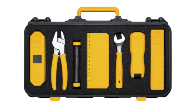 Yellow and black tool kit with various tools including pliers, wrench, and ruler, neatly organized in case. set is designed for practical use and easy portability png