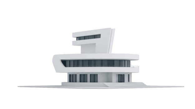 Modern architectural design showcases unique building with sleek, curved structure and large windows. white exterior emphasizes its contemporary style, making it striking visual element png