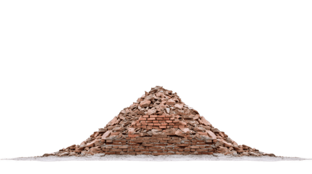 Large pile of broken bricks and debris forms triangular shape, showcasing mix of red and gray materials. scene evokes sense of construction or demolition, highlighting raw texture and color png