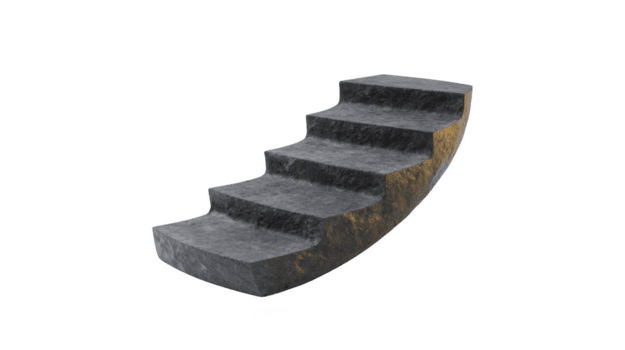 Modern stone staircase with curved design, featuring five steps. surface is textured, providing unique aesthetic appeal. This structure can enhance outdoor or indoor spaces, adding elegance png
