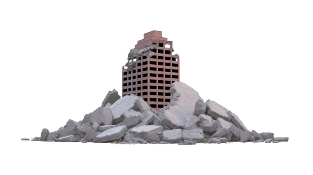 collassata edificio circondato di macerie, in mostra conseguenze di disastro. struttura è parzialmente distrutto, con detriti sparpagliato intorno a, evocando senso di devastazione e perdita png