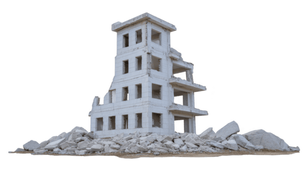 Abandoned building with crumbling walls and debris surrounding it, showcasing effects of neglect and decay. structure stands as stark reminder of urban deterioration and passage of time png