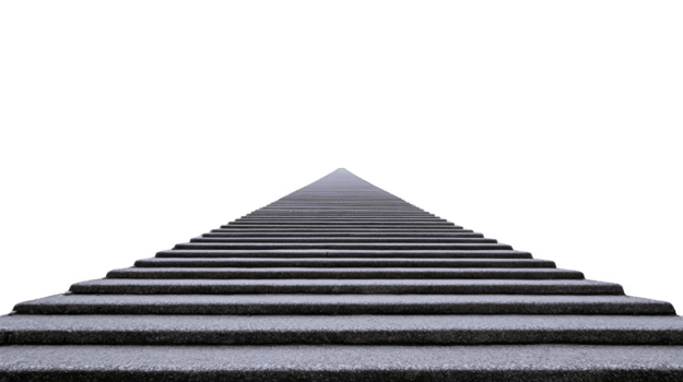 Long, perspective view of staircase with evenly spaced steps leading into distance, creating sense of depth and infinity. surface appears textured, enhancing visual interest png