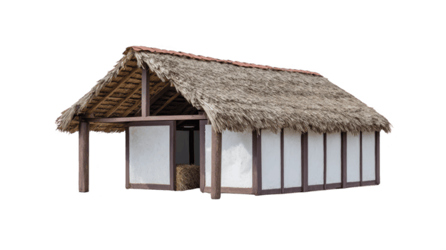 tradizionale paglia tetto struttura con di legno telaio e cannuccia copertura, in mostra rustico architettura e storico design elementi. Questo edificio evoca senso di nostalgia e semplicità png
