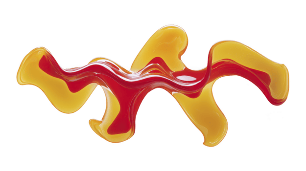 Vibrant abstract sculpture featuring flowing shapes in red and yellow colors, creating dynamic and energetic visual effect. smooth curves and glossy finish enhance its artistic appeal png