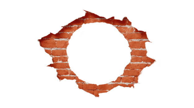 Circular hole brick wall reveals textured surface, showcasing roughness of bricks and irregular edges of opening. contrast between red bricks and empty space creates striking visual effect png