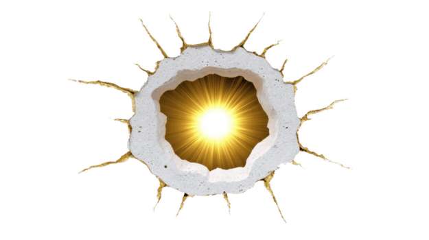 dramatisk brista av ljus utgår från knäckt yta, skapande öga fångst visuell effekt. omgivande kanter är ojämn och texturerad, förstärkning känsla av djup och energi png