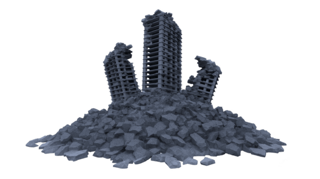 demolito edifici circondato di macerie creare scena di distruzione e caos. sbriciolato strutture In piedi come testamento per energia di demolizione, evocando sentimenti di perdita e modificare png