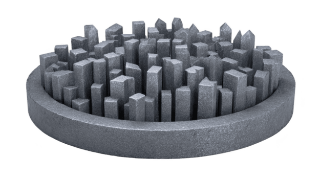 circolare base con strutturato superficie Caratteristiche numerose piccolo, geometrico strutture somigliante miniatura paesaggio urbano. design è moderno e astratto, evocando senso di creatività e innovazione png