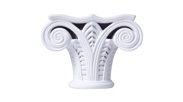 Decorative white architectural column capital featuring intricate scrollwork and leaf patterns, symbolizing classical design and elegance. This piece adds touch of sophistication to any space png