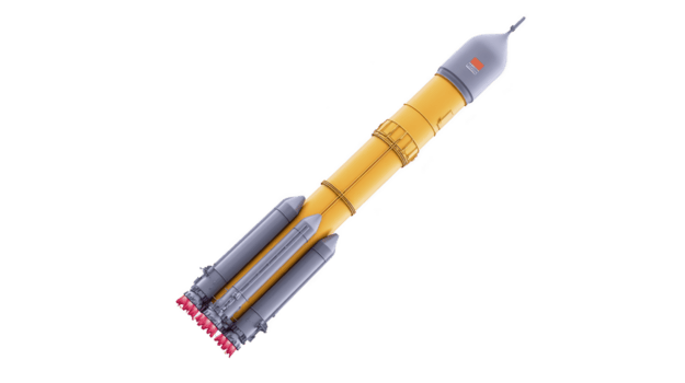 detaljerad illustration av raket terar elegant design med gul kropp och flera olika motorer bas. raket är placerad vertikalt, visa upp dess aerodynamisk form och kraftfull framdrivning systemet png