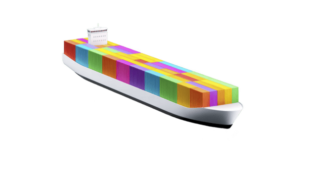 grande carga Embarcacion es representado, presentando vistoso formación de Envío contenedores apilado sus cubierta. vibrante colores de contenedores crear sorprendentes visual contraste en contra blanco cáscara de Embarcacion png