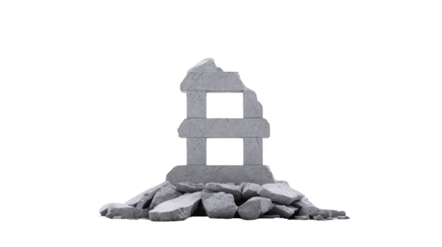 Broken stone structure surrounded by rubble, symbolizing destruction and decay. gray stones are stacked unevenly, creating sense of instability and abandonment png