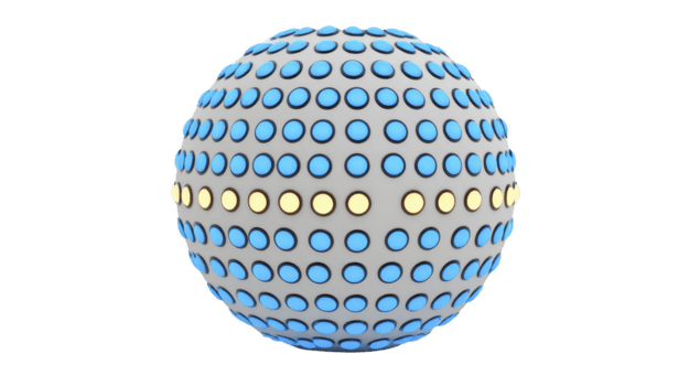 Spherical object featuring pattern of blue and yellow dots arranged in rows, creating visually striking design. surface appears smooth and glossy, enhancing its modern aesthetic png