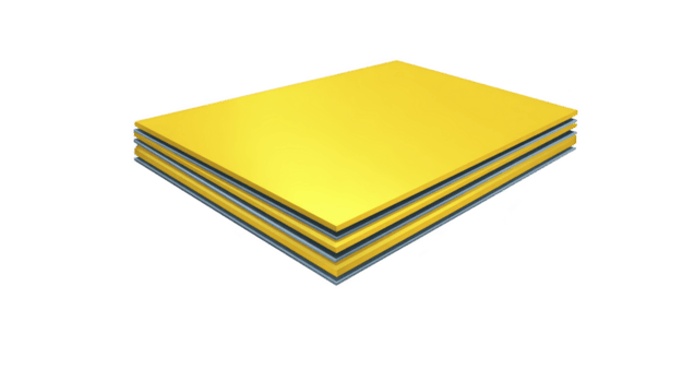 Stack of vibrant yellow sheets is displayed, showcasing smooth and glossy surface. layers are neatly arranged, creating visually appealing composition that evokes sense of creativity and design png