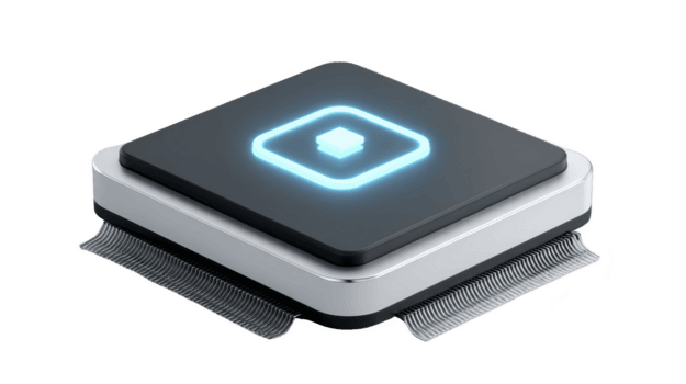 elegant, modern mikrochip design terar lysande blå fyrkant Centrum, uppsättning mot genomskinlighet bakgrund. chip har metallisk bas med invecklad detaljer, visa upp Avancerad teknologi png