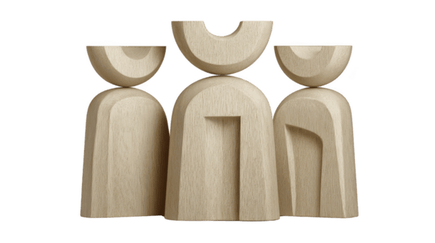 impostato di di legno figurine che rappresentano astratto umano le forme, in mostra minimalista design con liscio curve e naturale legna struttura. figure evocare senso di unità e semplicità png