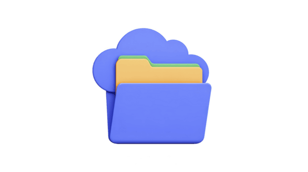 Wolke Lager Symbol mit Blau Mappe mit Gelb Tab, einstellen gegen Wolke Hintergrund. diese Design symbolisiert Digital Organisation und Daten Management, hervorrufen Sinn von Sicherheit und Barrierefreiheit png