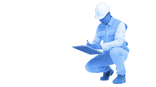 construção trabalhador dentro azul estrutura de arame Projeto é agachado enquanto levando notas em prancheta, exibindo mistura do tecnologia e manual trabalho. imagem transmite sentido do diligência e profissionalismo png