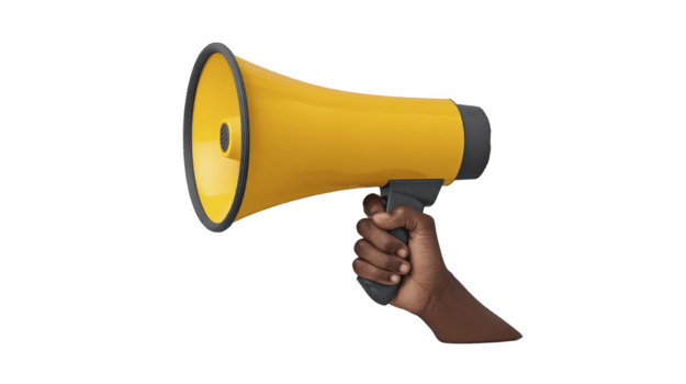 Vibrant yellow megaphone held in hand, symbolizing communication and announcement. This conveys sense of urgency and importance of sharing messages effectively png