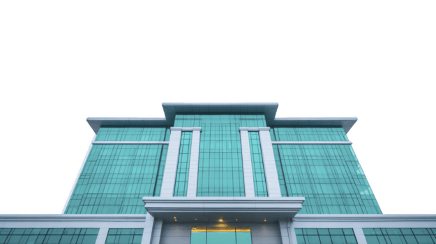 Modern architectural design features large glass building with sleek facade. structure showcases contemporary style with symmetrical layout and reflective windows, creating striking visual impact png