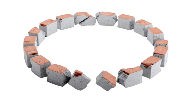 Circular arrangement of concrete blocks with red brick accents creates unique and modern design. This structure can serve as decorative element or functional feature outdoor spaces, evoking sense png