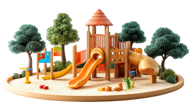 bambini terreno di gioco struttura con scivoli e alberi è in piedi solo su trasparente sfondo png