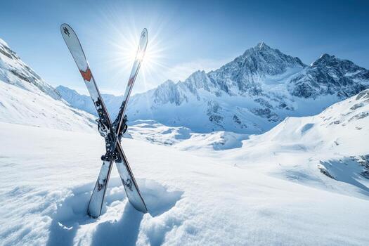 Skis standing in the snow on mountain top photo