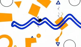 Energetic animation featuring blue wavy lines, bold orange shapes, and black-and-white circles, creating a lively and abstract geometric visual with dynamic movement. video
