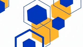 dynamisk animering terar överlappande blå och orange hexagoner den där mjukt övergång och flytta, skapande en vibrerande och modern geometrisk visuell effekt. video