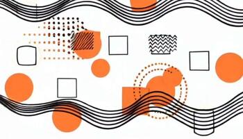 suave animação apresentando negrito laranja círculos, Preto delineado quadrados, e fluindo Preto ondulado linhas, criando uma equilibrado e moderno geométrico abstrato Projeto. video