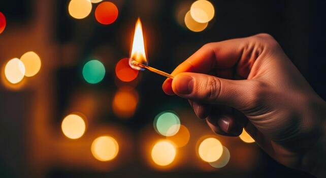 igniting hope a single matchstick against a festive blur photo