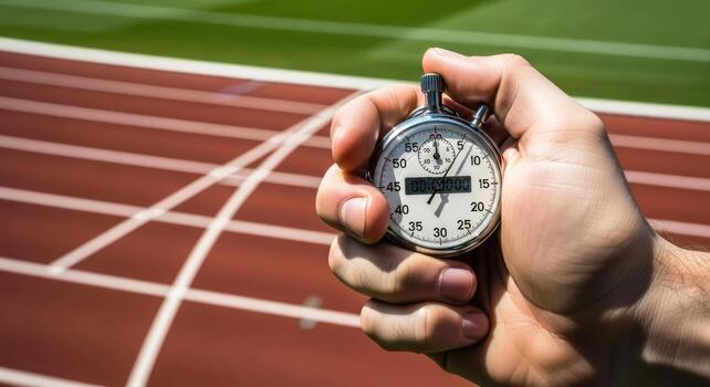 race time a closeup of a stopwatch held against a running track photo