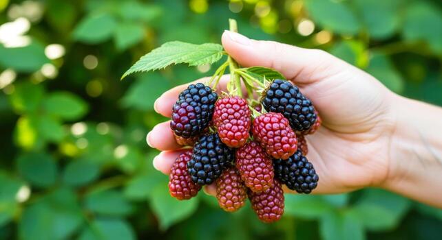 a handful of summers bounty ripe blackberries and raspberries fresh from the vine photo