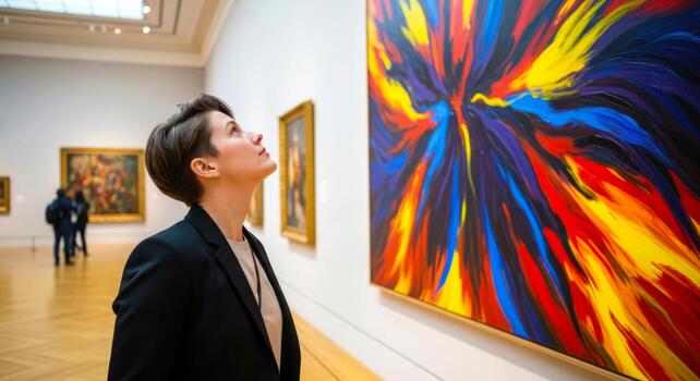 woman contemplating abstract expressionism a vivid canvas of color and emotion photo