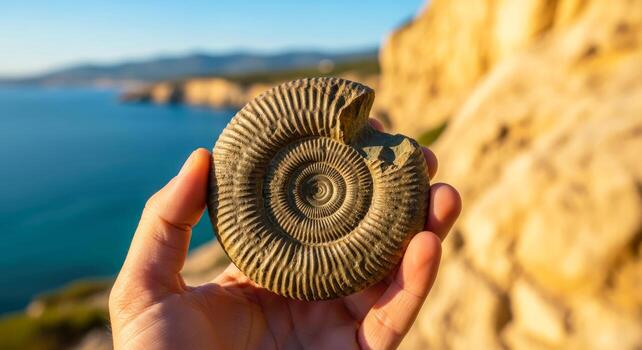 ancient seashell fossil a hand holds oceans spiral history against coastal cliffs photo
