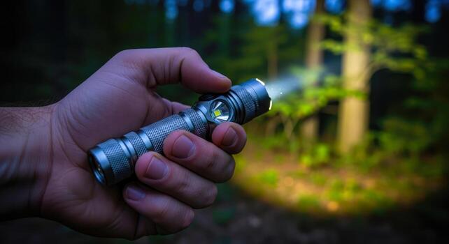 exploring the night a handheld flashlight illuminates a dark forest path photo