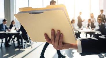 securing business future a hand holding key documents in a modern office setting photo