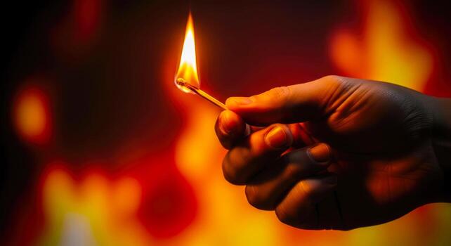 igniting passion a hand holds a burning matchstick against a fiery background photo